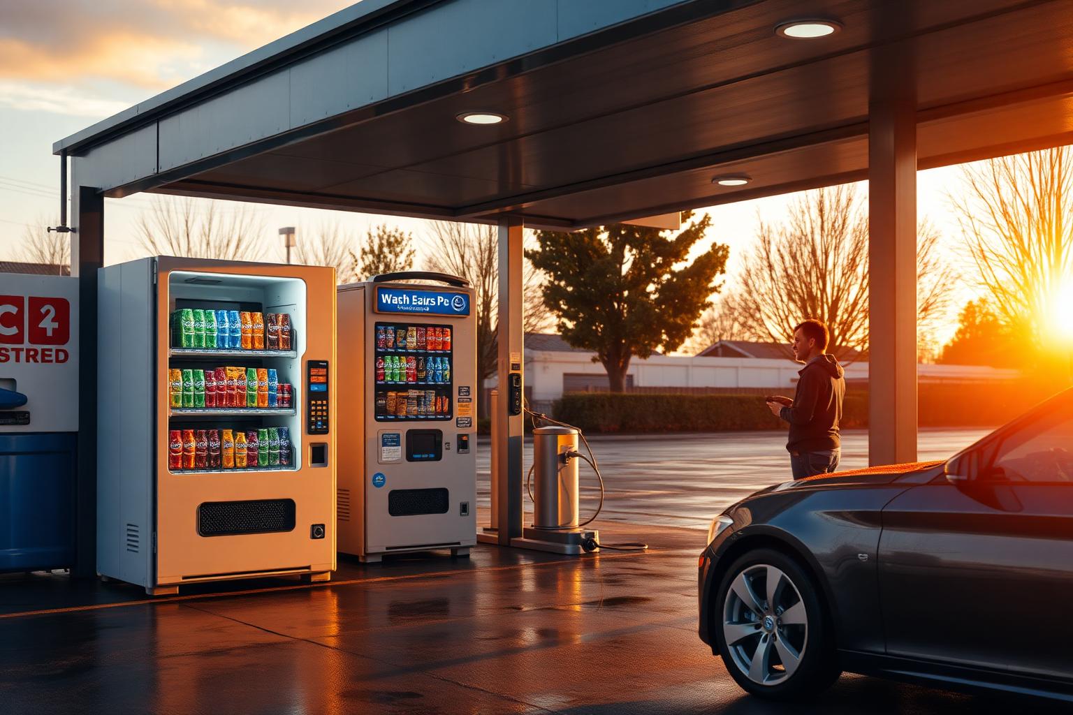Customer waiting beside a drinks and snack vending machine with a contactless card reader under the canopy of a self-serve car wash bay