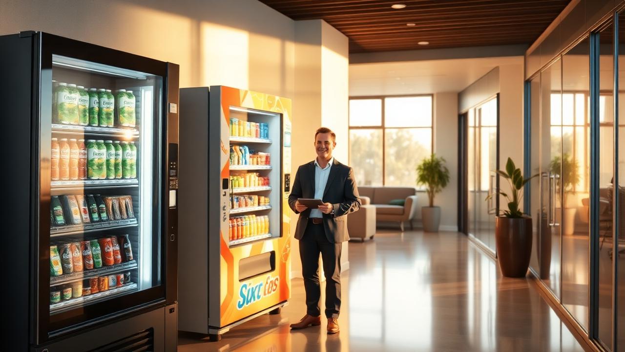 Australian business owner beside a vending machine they own outright under a chattel mortgage