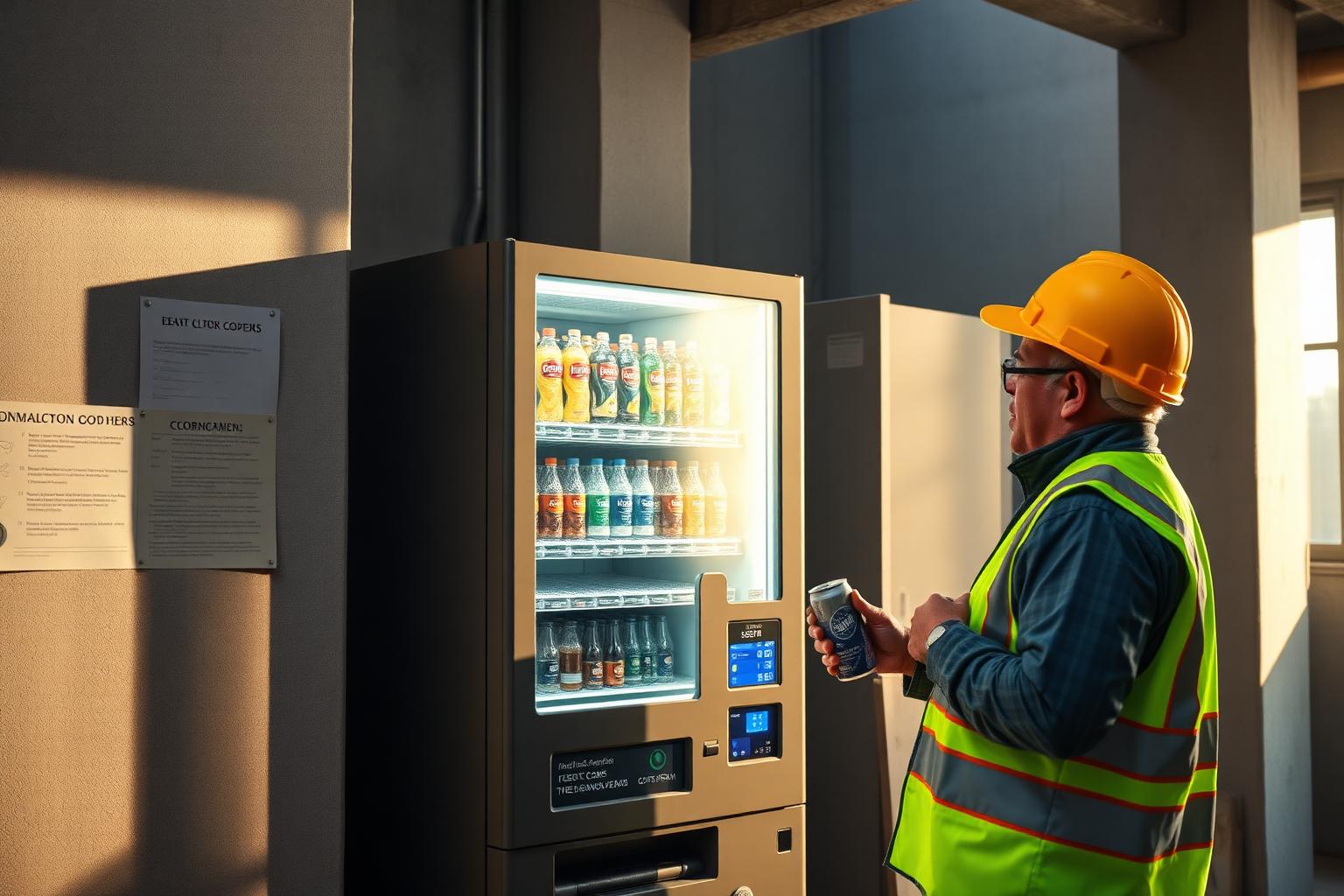 Builder in a high-vis vest and hard hat buying a cold drink from a combination vending machine with a card reader in a construction site office