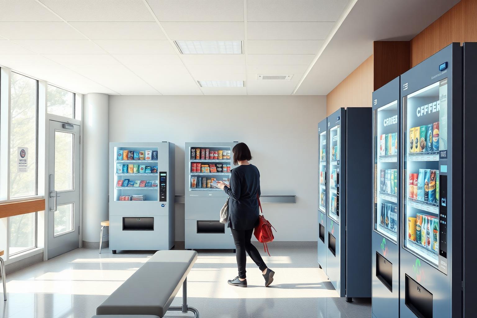Visitor buying a snack from a bank of food and cold drink vending machines with contactless card readers in a hospital waiting area