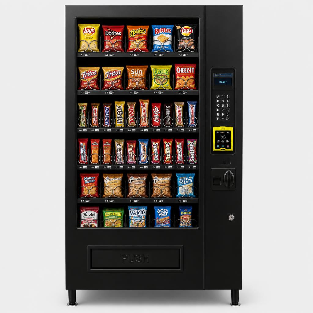 Free-standing black glass-front snack vending machine fitted with a contactless card reader payment terminal