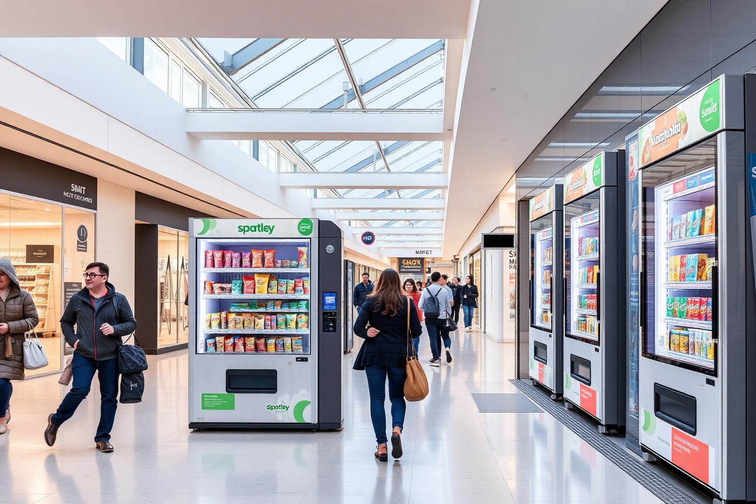 Shoppers walking past sleek free-standing snack and drink vending machines with contactless card readers on a shopping centre concourse
