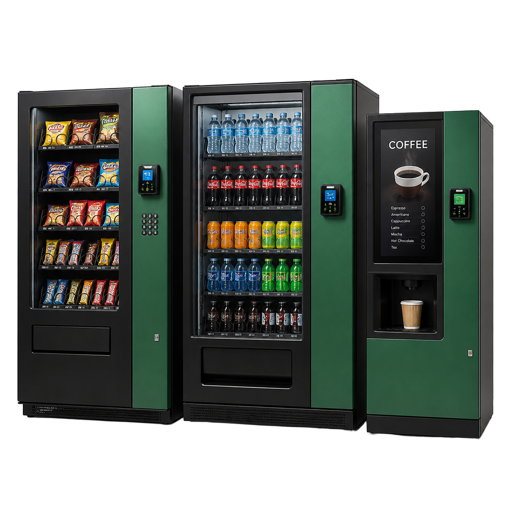 Free-standing snack, drink and coffee vending machines fitted with cashless card readers