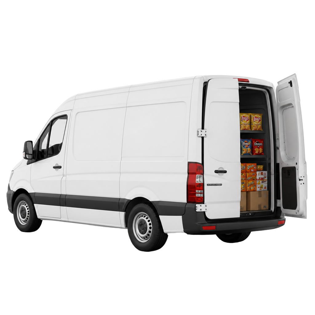 Vending route service van loaded with stock for restocking machines