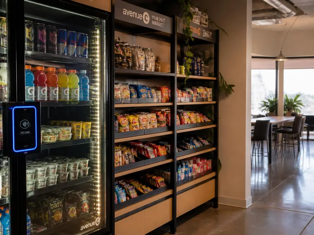Smart cashless vending fridge and micro market shelving in a modern office breakout space