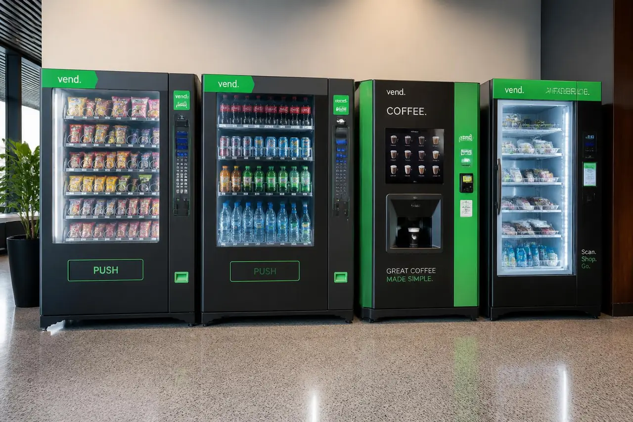 Snack, drink, coffee and smart fridge vending machines lined up in a commercial foyer