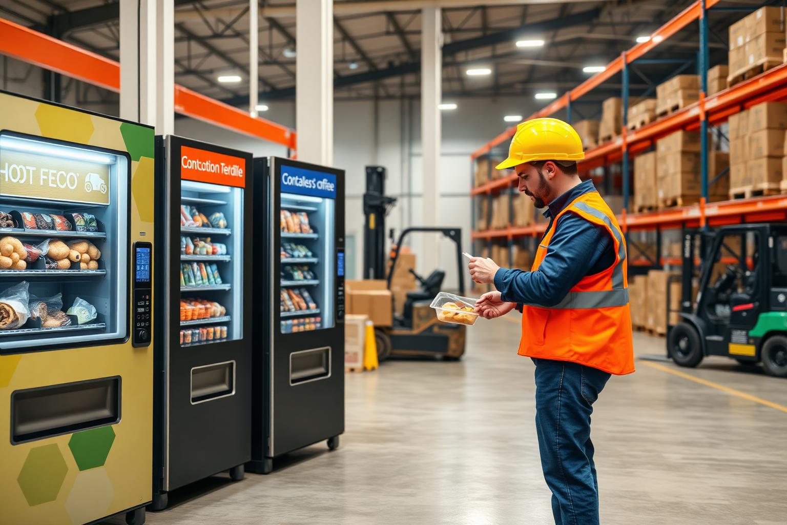 Warehouse worker in high-vis collecting a hot meal from hot food and coffee vending machines with card readers in a distribution centre break area